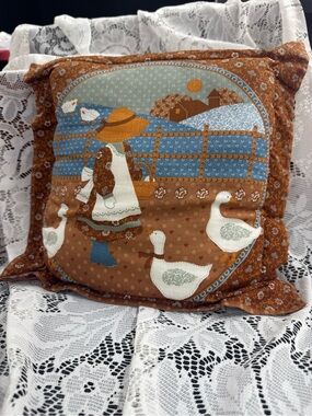 Country Cottage Duck Farm Decorative Pillow - Brown & Blue